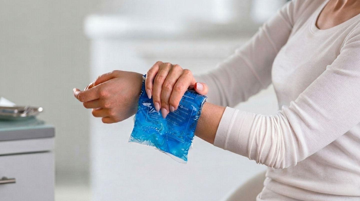 Mains adultes appliquant une compresse fraîche blanche sur l'intérieur du poignet, avec bol d'eau glacée et serviette sur table en bois clair dans intérieur domestique lumineux