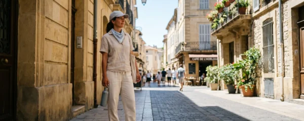 Adulte portant casquette rafraîchissante claire et bandana de nuque dans une rue urbaine française durant la canicule, tenant une bouteille d'eau à l'ombre d'un bâtiment, avec façades typiques et végétation estivale en arrière-plan