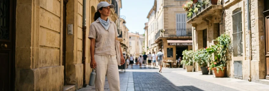 Adulte portant casquette rafraîchissante claire et bandana de nuque dans une rue urbaine française durant la canicule, tenant une bouteille d'eau à l'ombre d'un bâtiment, avec façades typiques et végétation estivale en arrière-plan