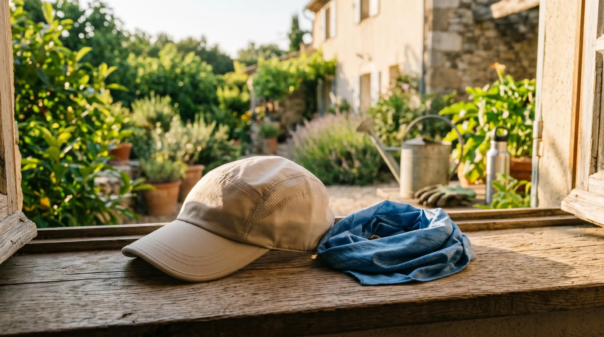 Casquette rafraîchissante claire et bandana de nuque posés sur banc en bois extérieur avec végétation estivale et outils de jardinage en arrière-plan flouté, lumière dorée de fin de journée