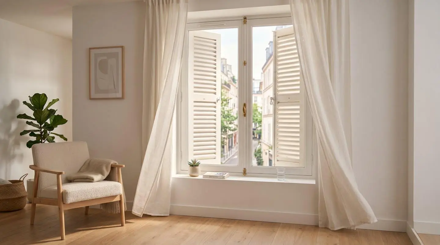 Intérieur d'appartement français lumineux avec grande fenêtre aux volets blancs entrouverts laissant filtrer lumière de fin de journée, rideaux légers soulevés par brise, décor sobre et épuré